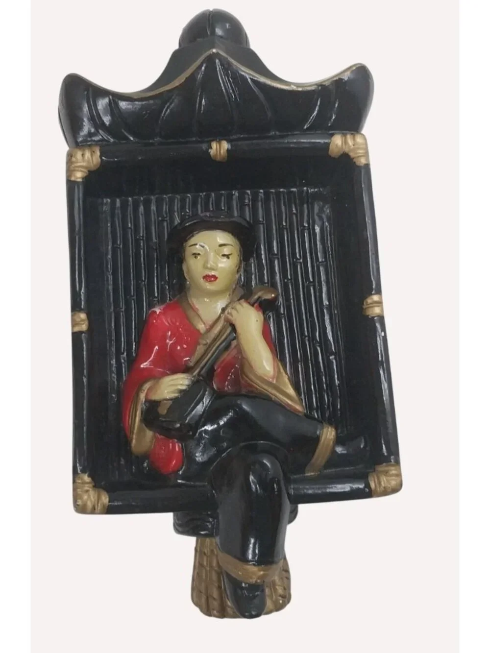 Chalkware Wall Plaque Guitar Player Asian-Inspired Wall Hanging Mid Century